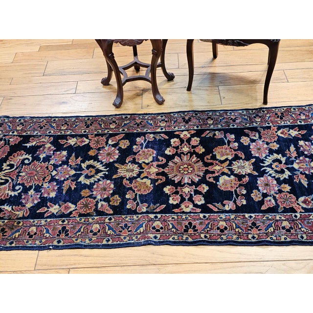 1900 - 1909 Antique Persian Lilian Runner Rug, Hand-Knotted Wool, Floral Design, Navy & Red, 3x7 For Sale - Image 5 of 15