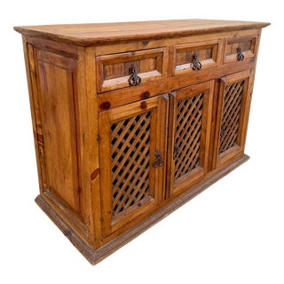 Spanish Rustic Pine Sideboard with Lattice Doors and Iron Hardware, 1965 For Sale
