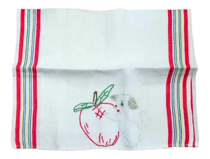 Vintage Farmhouse Embroidered Kitchen Towel With Apple and Puppy