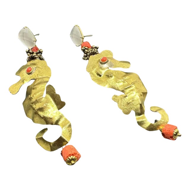 21st Century Hammered Brass and Mediterranean Coral Seahorse Dangle Earrings For Sale