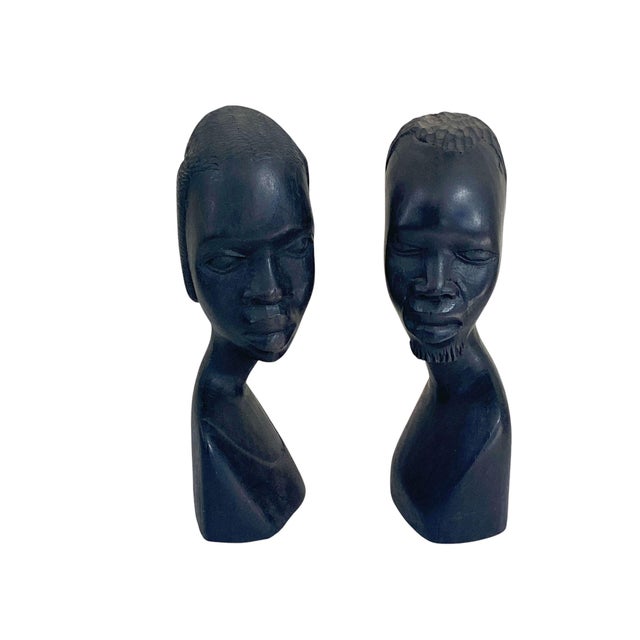 Folk Art Vintage African Ebony Wood Man and Woman Sculpture Bust Black Folk Art 6.75" H For Sale - Image 3 of 6