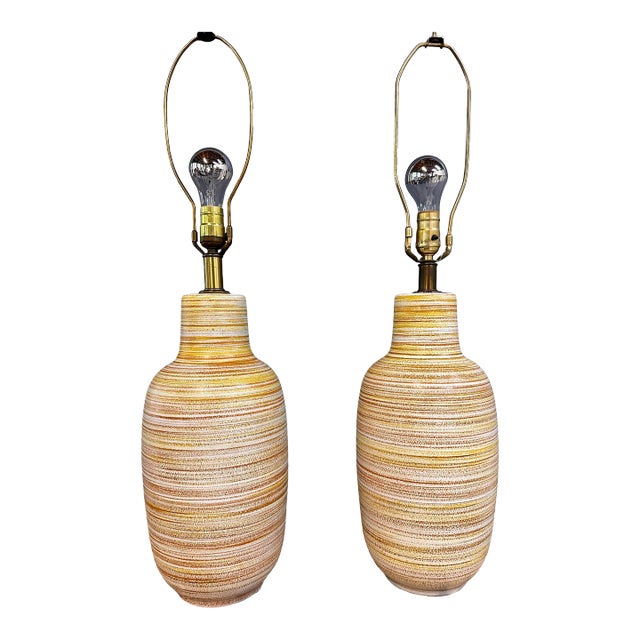 Pair of 1960s Design Technics Ceramic Table Lamps in Orange and Yellow For Sale