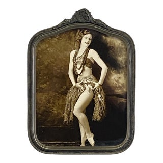 Antique Hula Dancer Sepia Tone Photograph in Ornate Antique Frame For Sale