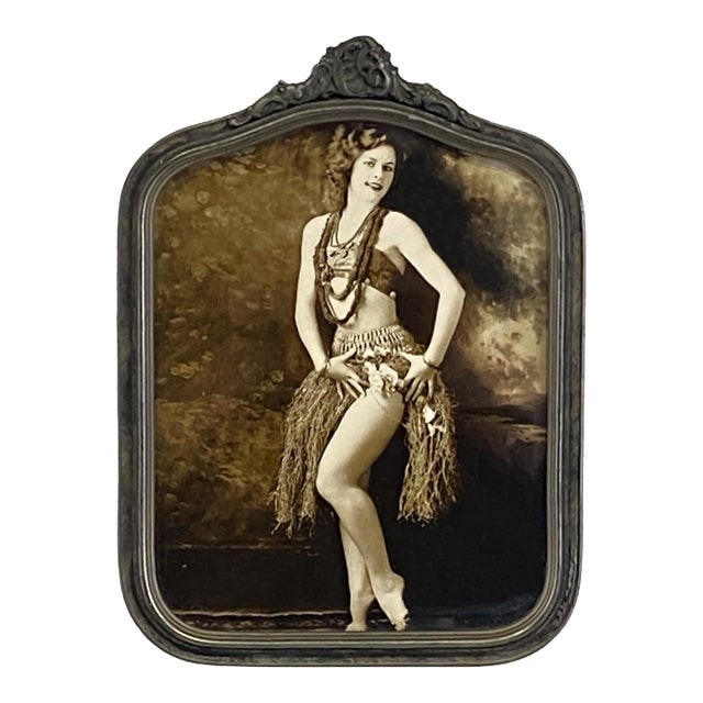 Antique Hula Dancer Sepia Tone Photograph in Ornate Antique Frame For Sale