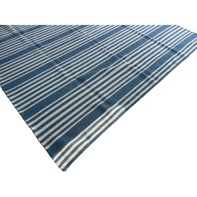 Casa Cosima Handmade Thick Woolen Flat Weave Rug, Sky Blue and White Striped Wool Rug - 8'x8' For Sale - Image 4 of 14