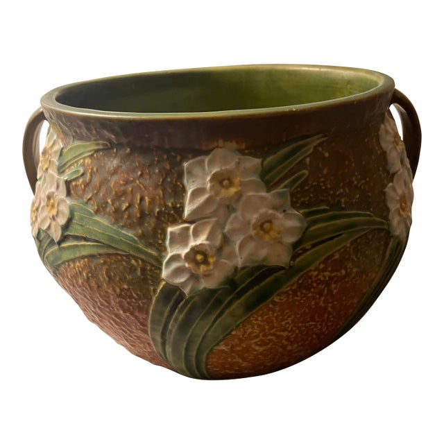 Roseville Jonquil Jardiniere Planter Large VTG 1931 Textured Brown Green Floral 621-10, Attributed For Sale