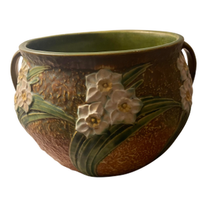 Roseville Jonquil Jardiniere Planter Large VTG 1931 Textured Brown Green Floral 621-10, Attributed