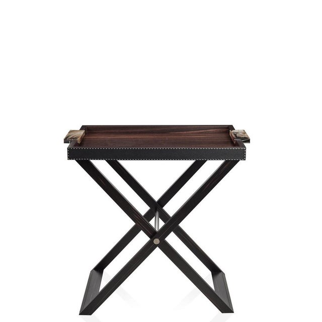 Lipari Butlers Serving Table with Tray in Ebony Veneer and Leather by Arcahorn For Sale - Image 6 of 8