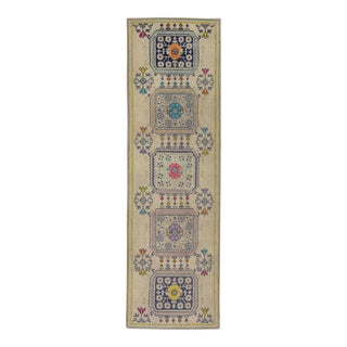 1960s Multicolor Geometric Design Handwoven Wool Vintage Turkish Oushak Runner 3' X 9'7" For Sale