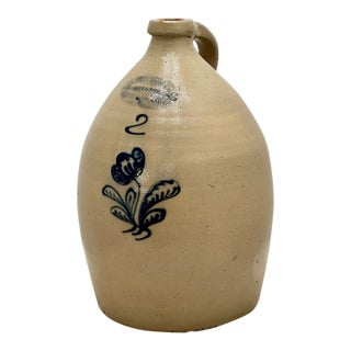 Outstanding Antique 2 Gallon Blue Flower Decorated Stoneware Jug by Burger in Rochester N. Y. Circa 1877 to 1880 For Sale