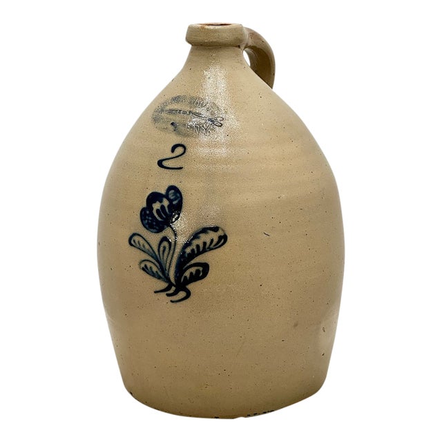 Outstanding Antique 2 Gallon Blue Flower Decorated Stoneware Jug by Burger in Rochester N. Y. Circa 1877 to 1880 For Sale