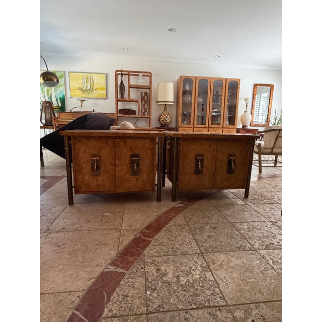Attributed to Mastercraft Mid-Century. Modern Burl Wood & Brass Nightstands - A Pair For Sale - Image 12 of 12