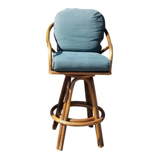 Vintage Mid Century Bamboo Rattan Green Swivel Bar Stool For Sale