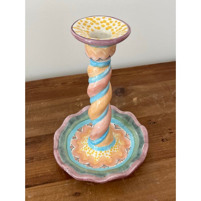 Peach 1990s Mackenzie Childs Whimsical Ceramic Candle Holder For Sale - Image 8 of 8