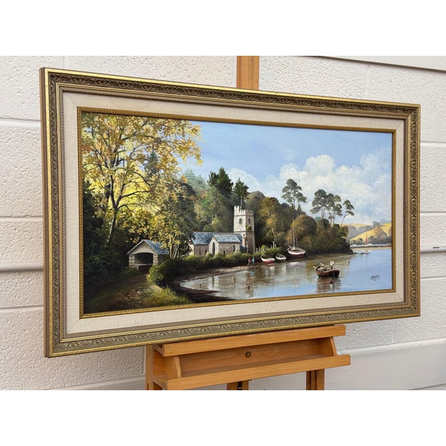 Painting of Church in Cornwall on the English South Coast with Figures & Boats 1985 Circa For Sale - Image 9 of 16