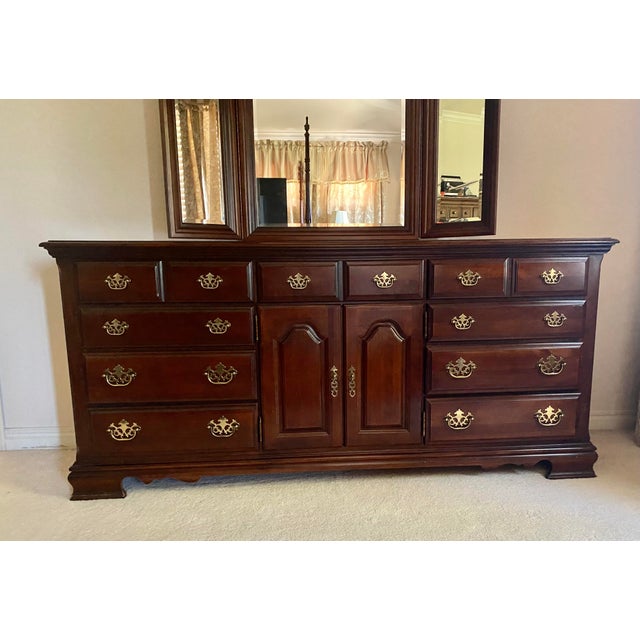 Late 20th Century Broyhill Premier Cherry Wood Triple Dresser & Triptych Split Swan-Neck Pediment Top Beveled Mirror Excellent “Mint” Condition For Sale - Image 14 of 18