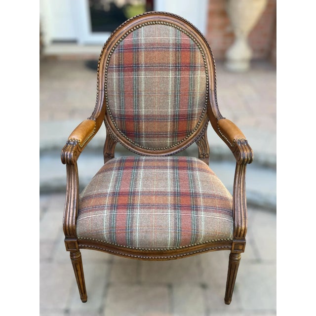 Custom Upholstered Louis XVI Style Medallion Back Tartan Plaid Arm ...