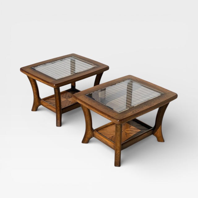 Pair of Late Mid-Century Oak Side Tables With Smoked Glass Tops, Mid-Century Modern, 1970s For Sale - Image 13 of 18