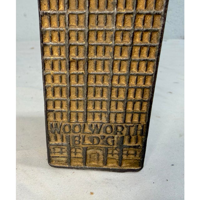 Antique 1910 Gold Tone Cast Iron Still Coin Penny Bank Woolworth Building Kenton For Sale - Image 9 of 10
