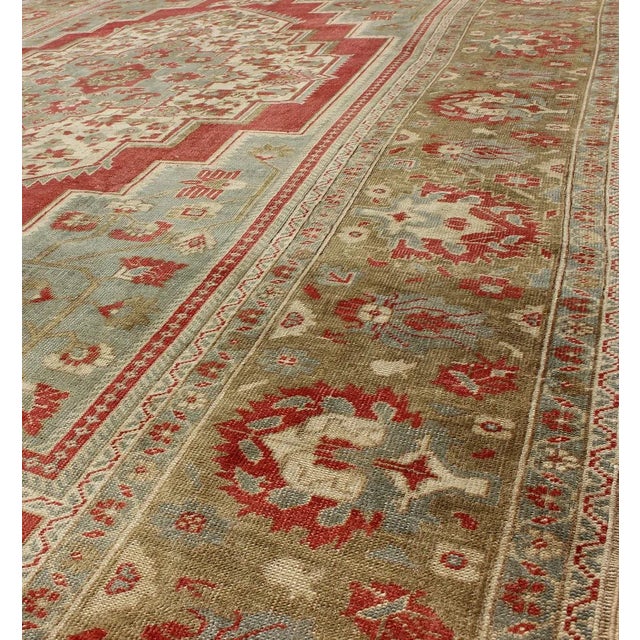 Ivory Floral Mid-Century Turkish Oushak Vintage Rug in Red, Blue, Green and Ivory 7'1" X 11'7" For Sale - Image 8 of 9