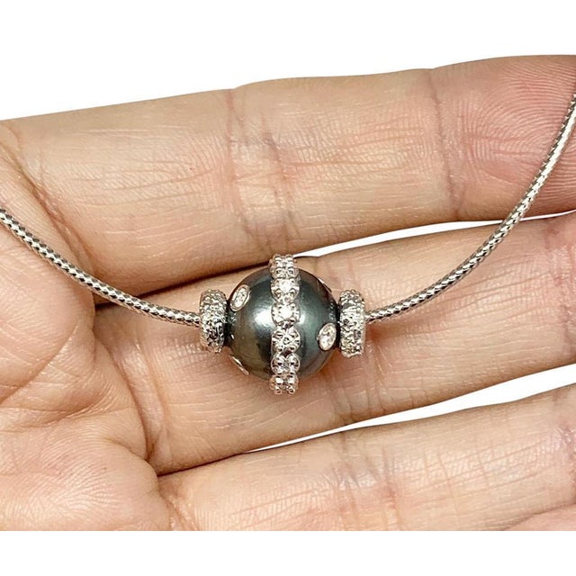Italian Diamond Tahitian Pearl Necklace 0.60 TCW 14k Gold Certified For Sale - Image 3 of 10