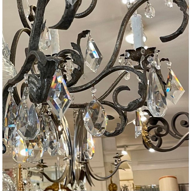 2010s 19th C Style Italian Wrought Iron & Crystal Chandelier For Sale - Image 5 of 8