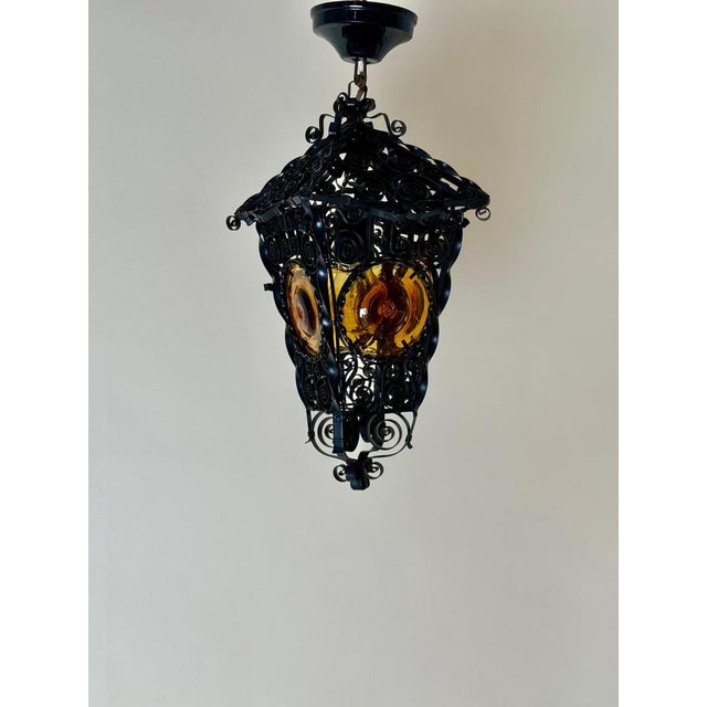 Venetian-Style Handcrafted Lantern Lamp with Amber Glass Panels, 1960s For Sale - Image 10 of 18