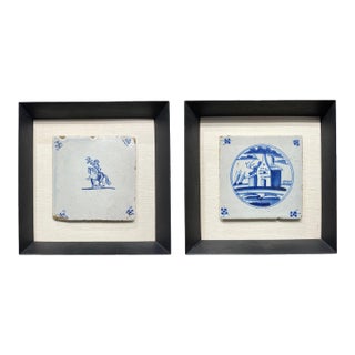 Antique Delft Tiles Pair Framed Blue & White Dutch Hand Painted Ceramic 18thC For Sale
