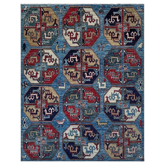 Twelve great octagonal guls in the Turkmen tradition, set in four stately rows on a bright cornflower field. Each gul is...