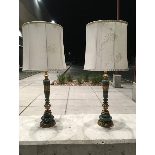 Pair of Japanese Bronze & Marble Column Table Lamps With Original Shades For Sale - Image 13 of 13