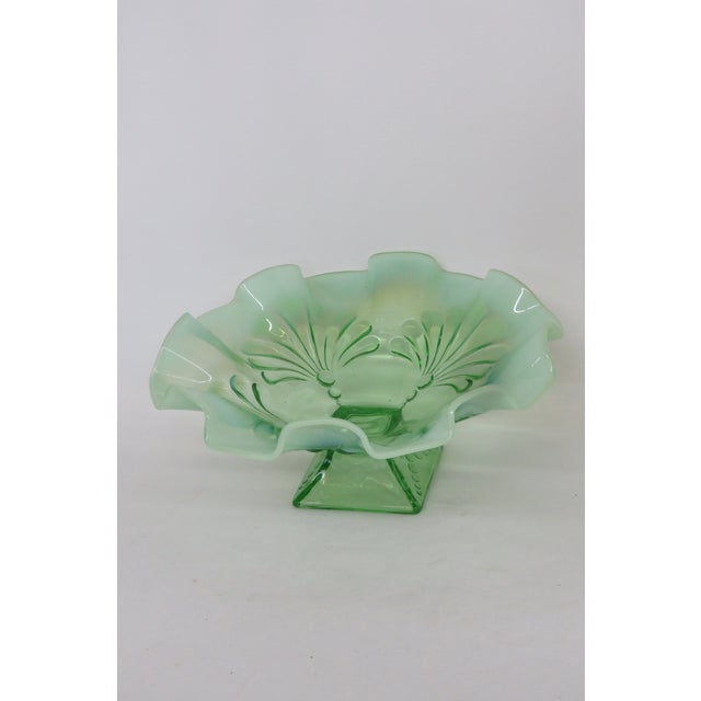 Mid-Century Modern Jefferson Glass Beaded Fan Style Green Opalescent Candy Dish Square Foot 4566b For Sale - Image 3 of 13
