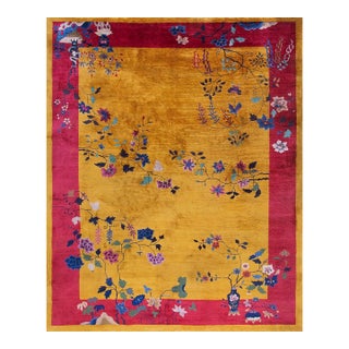 1920s Yellow Minimalist Floral Antique Chinese Art Deco Carpet 9' X 11'6" Handknotted Wool Rug For Sale