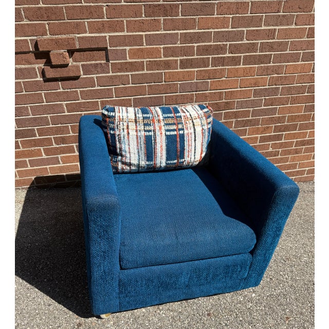 Modern Blue chenille club lounge chair by Levitz Furniture. Chair w 30.5 Chair d 32.5 Chair h 24.75 Seat w 22” Seat h...
