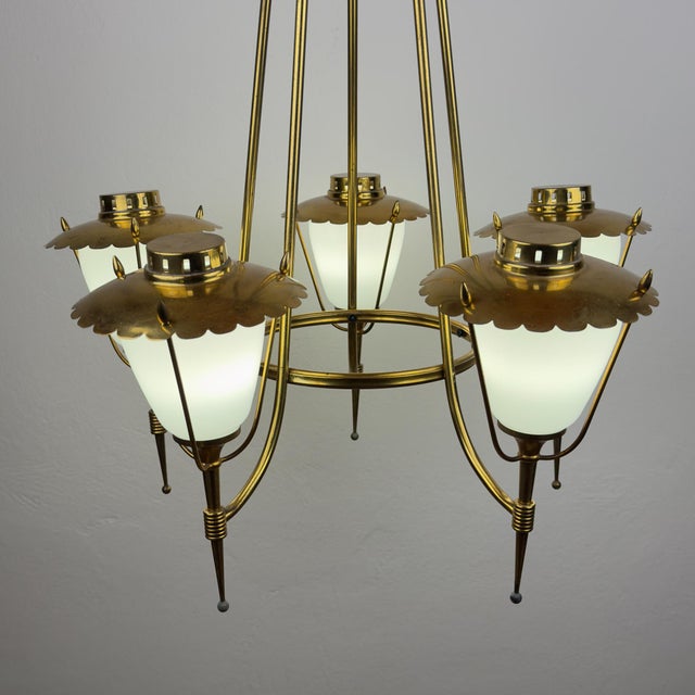 Amazing gold chandelier with 5 arms by maison arlus. Made in france in the 1950s. the lamp is in very good vintage...