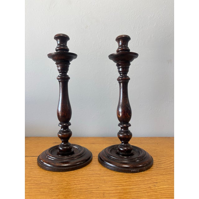 English Vintage English Oak Candle Sticks For Sale - Image 3 of 6