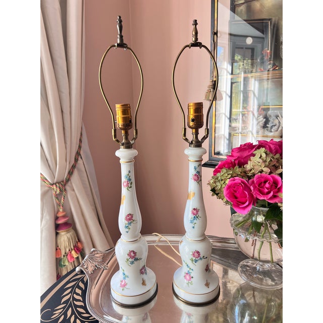 1950s Warren Kessler Hand-Painted Opaline Lamps - Pair For Sale - Image 9 of 12