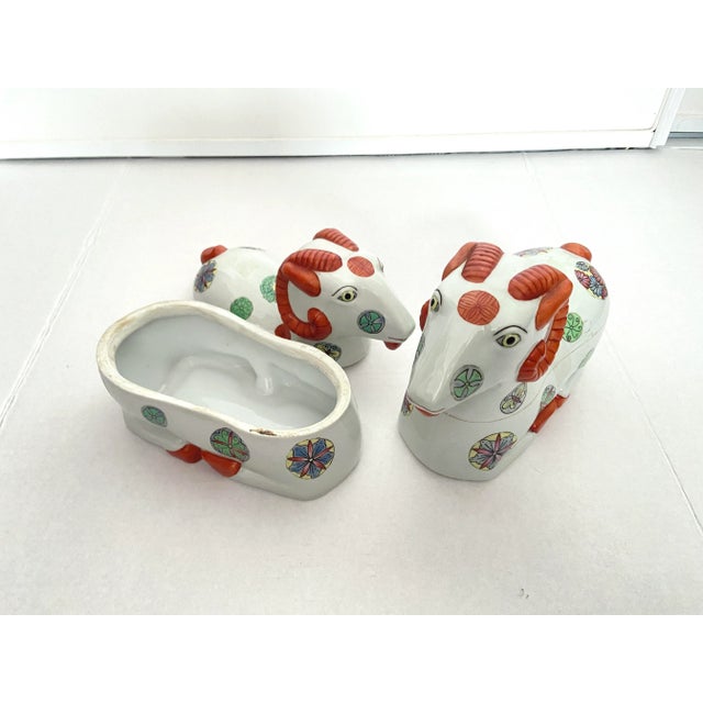 1930s Early Mid-Century Porcelain Staffordshire Style Asian Ram Box Figurines - a Pair For Sale - Image 10 of 13