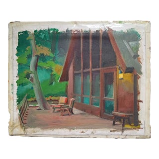 House With Many Windows in the Woods, Original Oil Painting For Sale