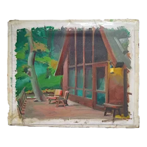 House With Many Windows in the Woods, Original Oil Painting