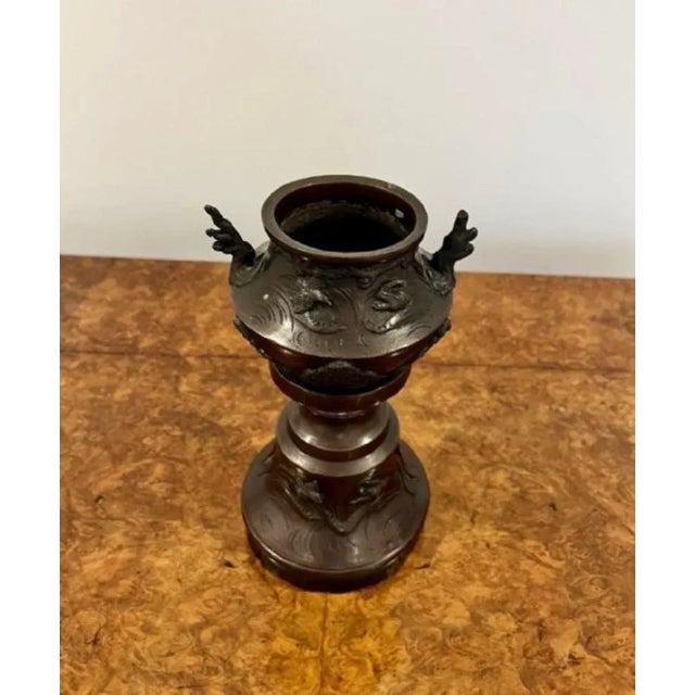 Quality pair of antique Victorian bronze Japanese vases having superb decoration, decorated in birds and foliage with...