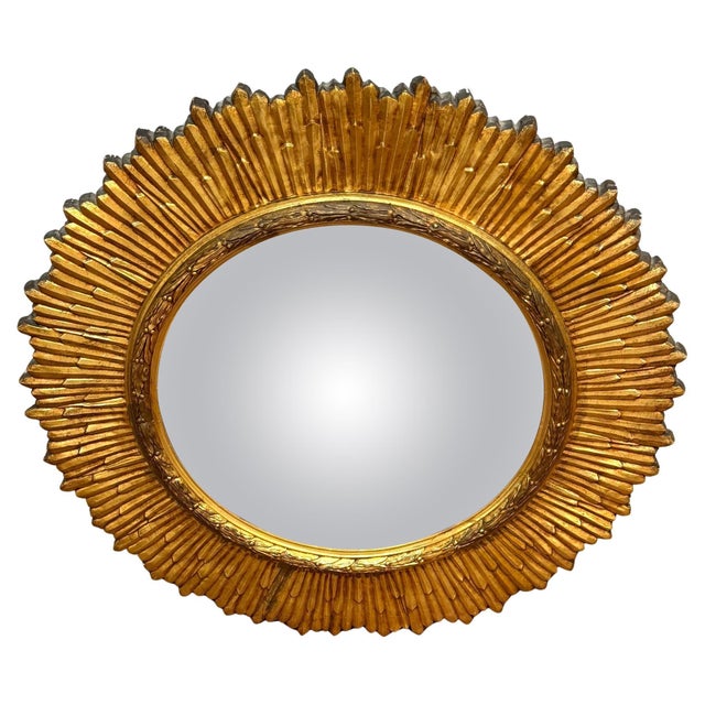 Mid-Century Italian Carved Giltwood Sunburst Mirror with Convex Glass, C. 1950s For Sale - Image 4 of 18