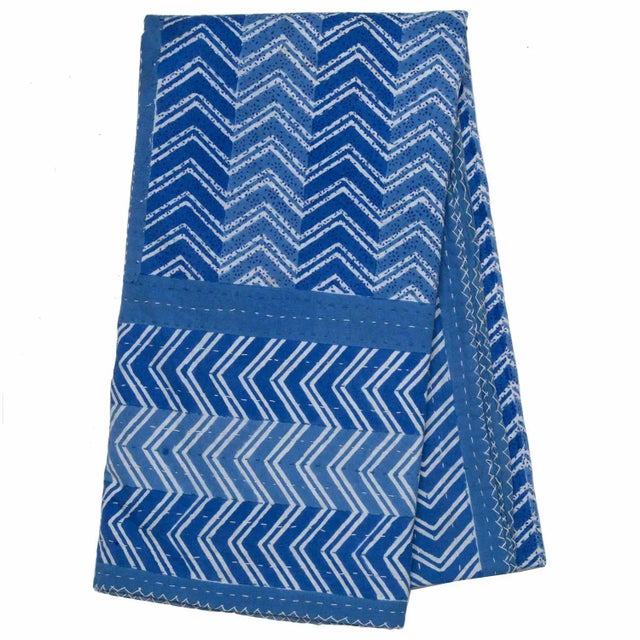 Contemporary Chevron Hand Stitched Quilted Tablecloth, 6-seat table - Blue For Sale - Image 3 of 3