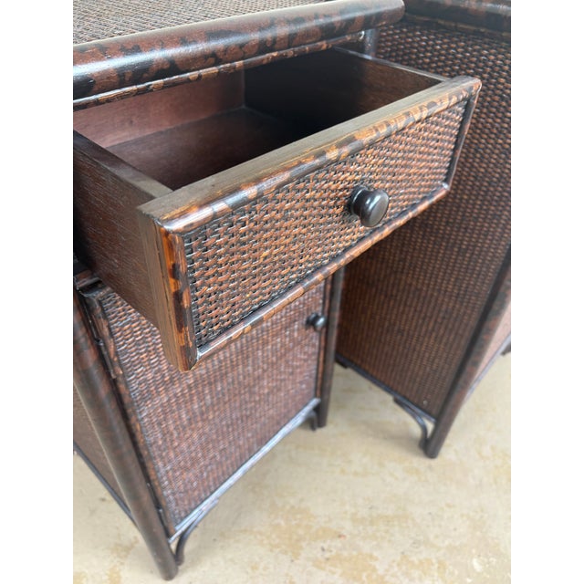 Brown Pair Vintage British Colonial Faux Burnt Bamboo & Cane Nightstands For Sale - Image 8 of 12