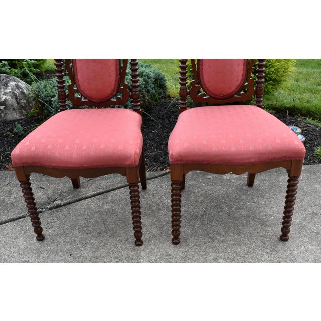 Antique Walnut Boudoir Chairs Victorian Side Spindle Carved Pair 1880s Coral For Sale - Image 11 of 12