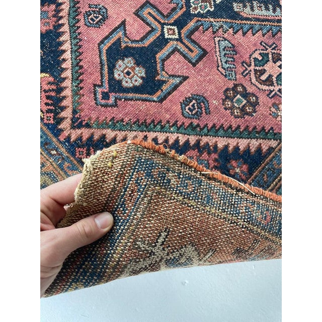 Pink Tribal Rug with COPPER Border, Pinks, Deep Blues & Salmon 3.3 x 5.8 For Sale - Image 8 of 11