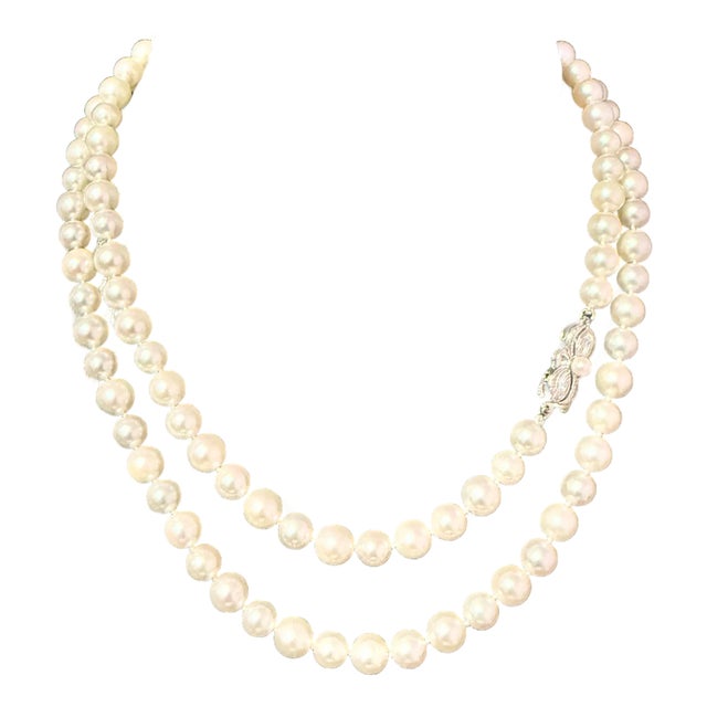 Mikimoto Akoya Pearl Necklace 31" 7 mm Silver Clasp Estate For Sale