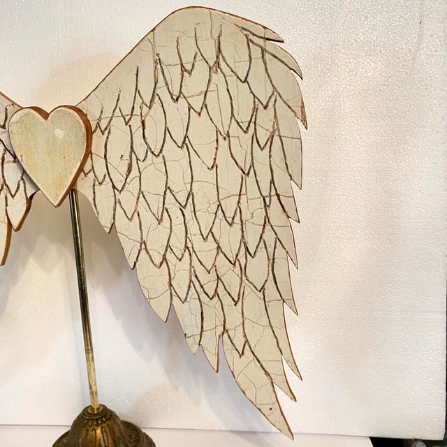 2000 - 2009 Carved Wood Angel Wings With a Heart on Lamp Base Stand Art Made by Folk Artist For Sale - Image 5 of 8