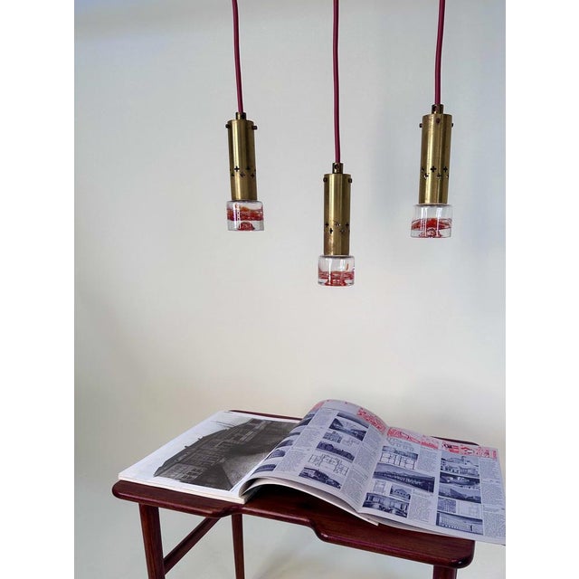 3-Light Brass and Mouth-Blown Glass Art Hanging Lamp, Sweden 1960s For Sale - Image 16 of 18