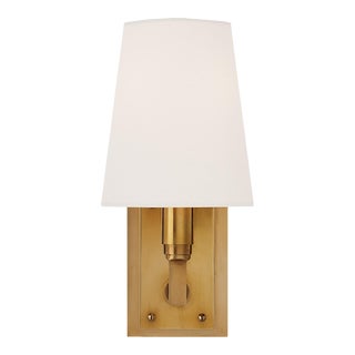 Thomas O'Brien for Visual Comfort Signature Watson Small Sconce in Hand-Rubbed Antique Brass with Linen Shade For Sale
