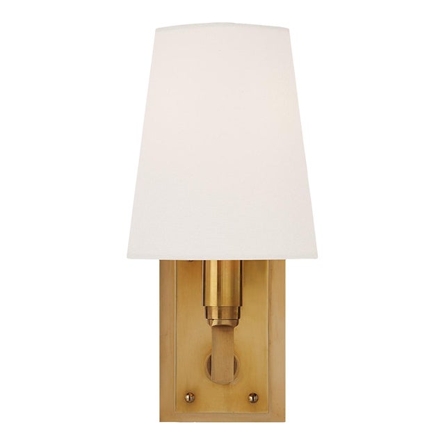 Thomas O'Brien for Visual Comfort Signature Watson Small Sconce in Hand-Rubbed Antique Brass with Linen Shade For Sale